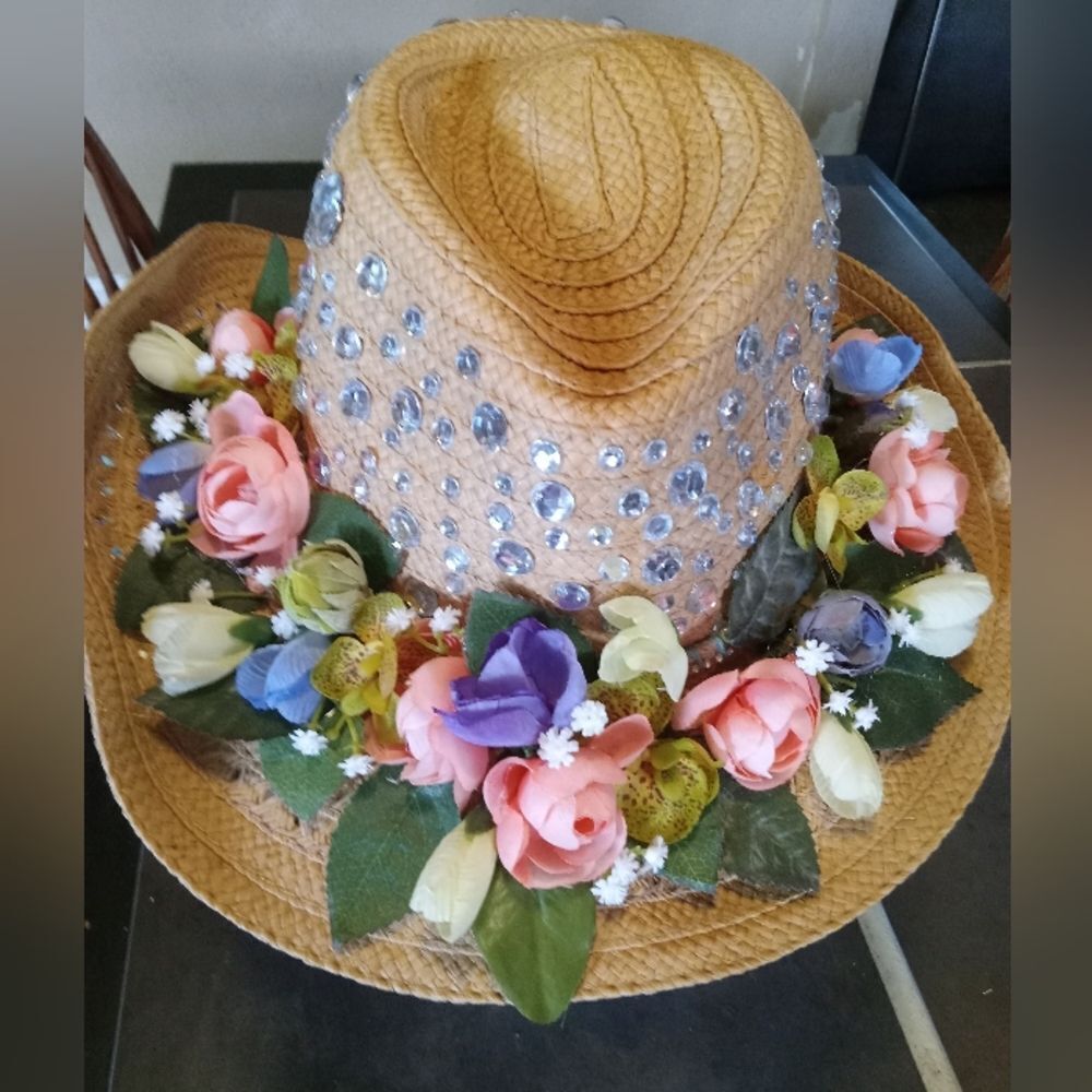 FESTIE STRAW HAT! One-of-a-kind,UV Reactive hanging Mushrooms, silk florals.